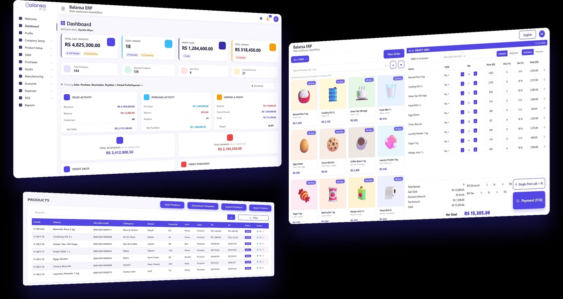Balansa dashboard, point of sale and product import screens connected to one ledger