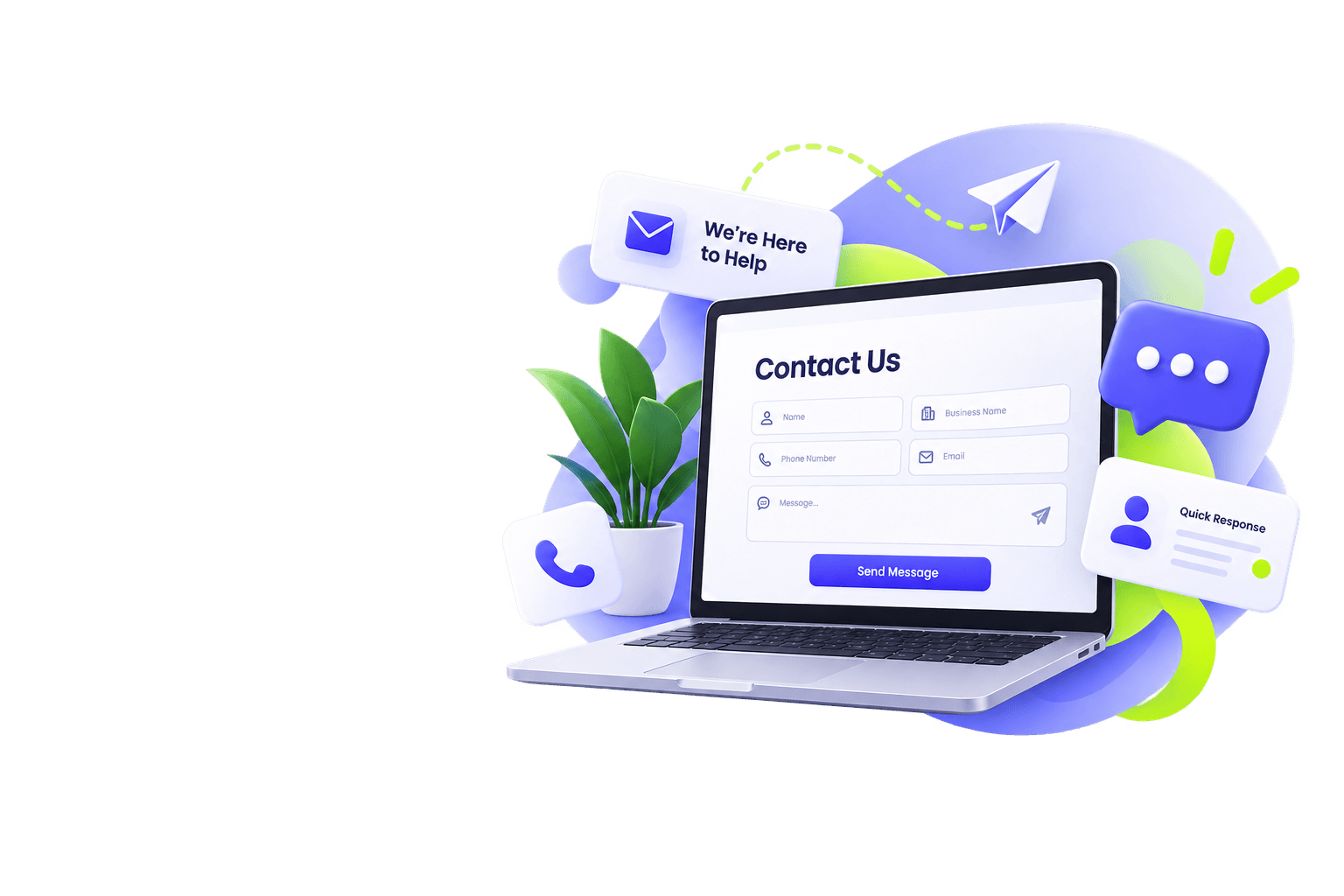 Laptop showing the Balansa Contact Us form, surrounded by email, phone and chat icons