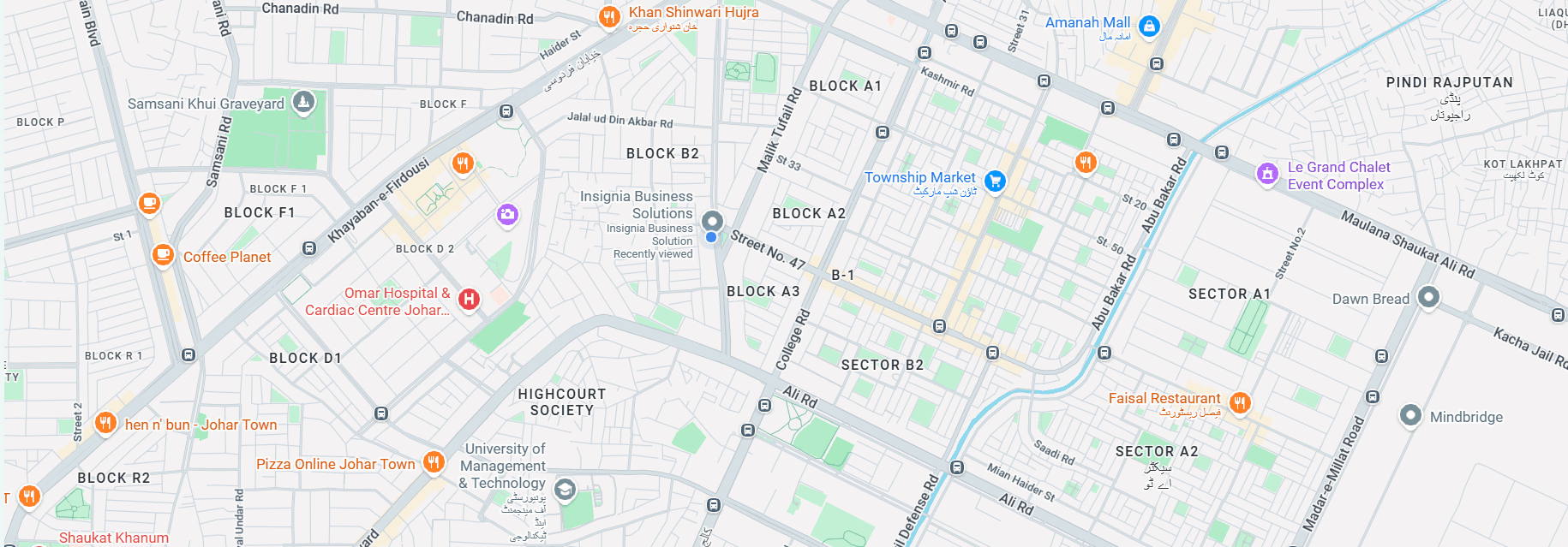 Map of Johar Town, Lahore, with a pin on the Insignia Business Solutions office